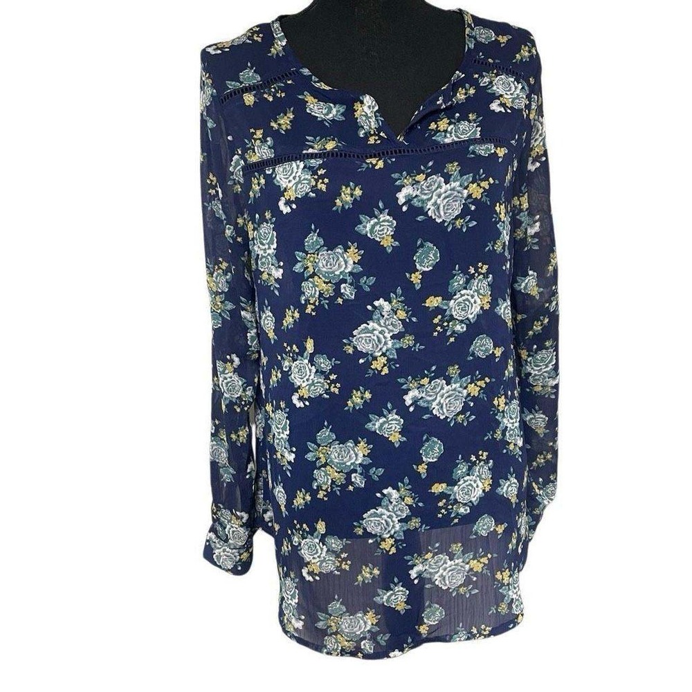 Mossimo Navy Blue Floral Sheer Long Sleeve Top